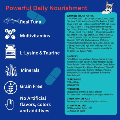 Kitty Up Lickable Cat Treats -Real Tuna Multivitamin Puree with Lysine & Taurine for Indoor Cats | Grain-Free, Squeeze Tube (12 Pack)