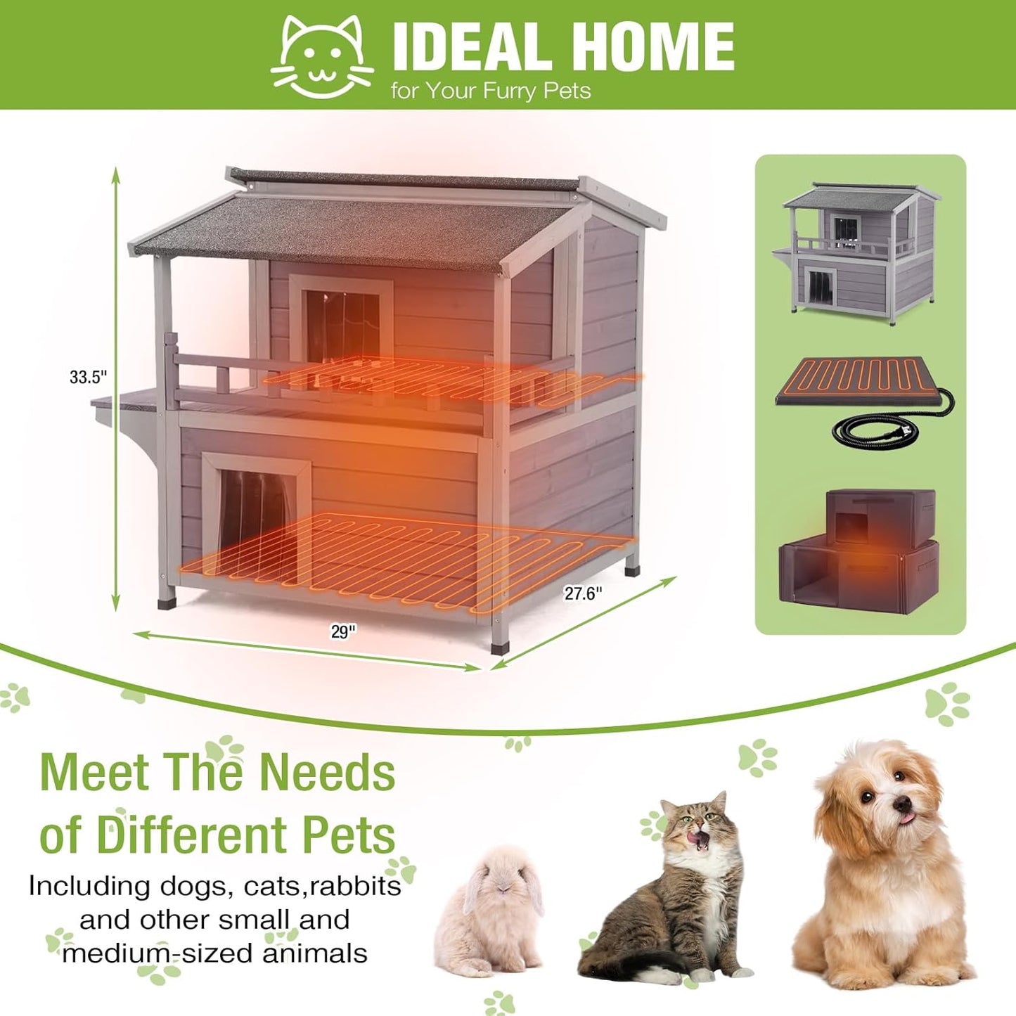 GUTINNEEN 2 Story Heated Cat House for Outside Outdoor Cat House Insulated Weatherproof Feral Cat Shelter with Heated Pad, Insulated All-Round Thermal Liner, Chewproof Cable for 1-4 Cats in Winter