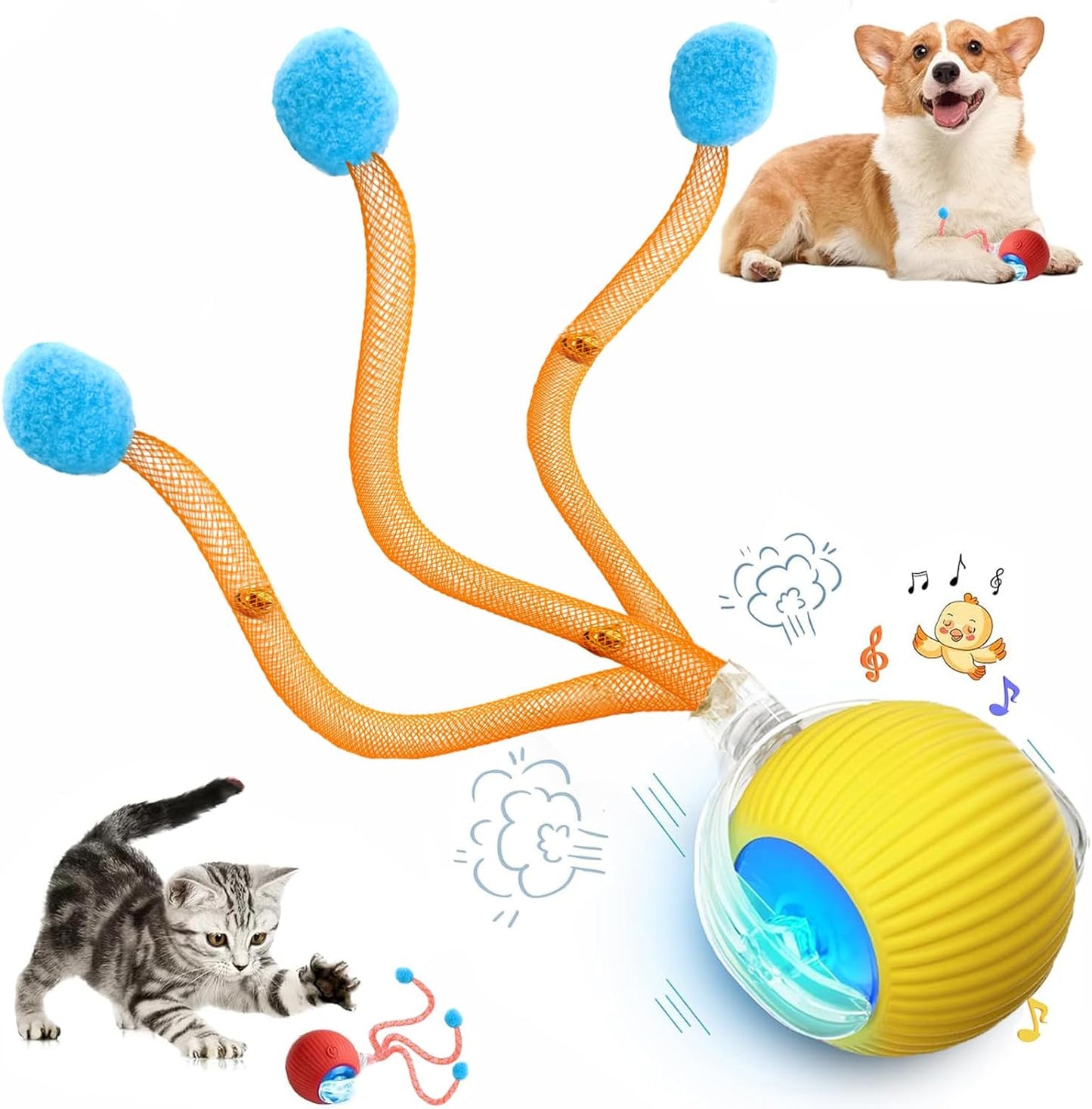 Speed 2.0 Tail Interactive Cat Toys for Indoor Cats, Chirping & Motion Activate Cat Toy, Smart Kitten Rolling Ball Moving Ball Toys, Rechargeable Dog Cat Bal l for Enrichment Exercise (New Yellow)