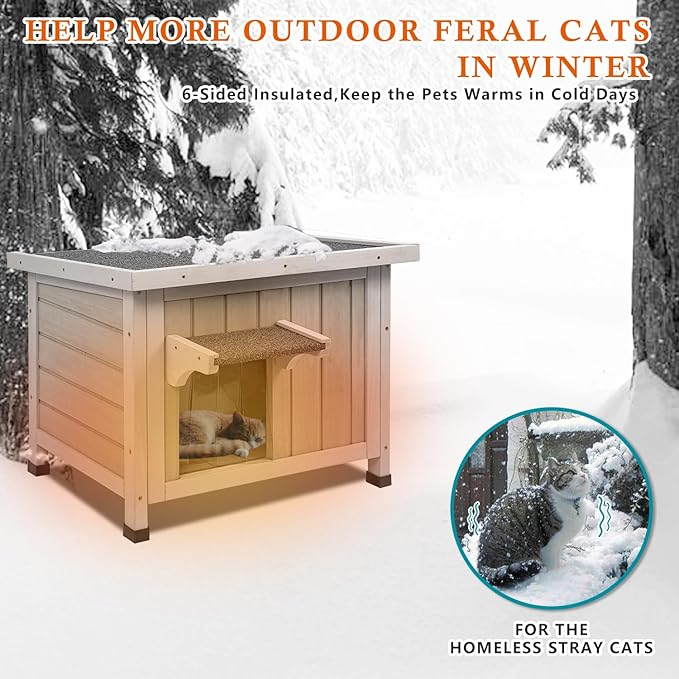 Insulated Cat House Outdoor Cat Shelter for Feral Cats in Winter,All-Round Foam Insulation Weatherproof Wooden Cat Houses for Cats Rabbits and Small Animals with Escape Door Open Roof