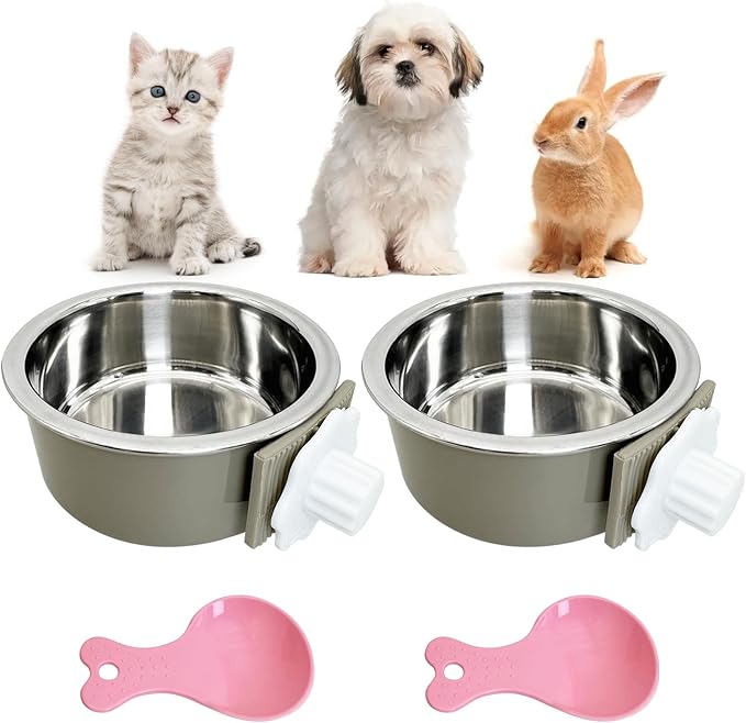 Hamiledyi Crate Dog Bowl Cat 2 Pcs Removable Stainless Steel Hanging No Spill Pet Bowl for Kennels Durable Detachable Design Fits Small Medium Dog Cages (Grey
