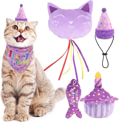 BINGPET Cat Birthday Catnip Toys for Indoor Cats,Cat Birthday Hat,Bandana and Cat Birthday Cake Interactive Plush Kitten Chew Toys,Cute Fish,Balloon Toys with Crinkle Paper and Catnip Inside(Purple)