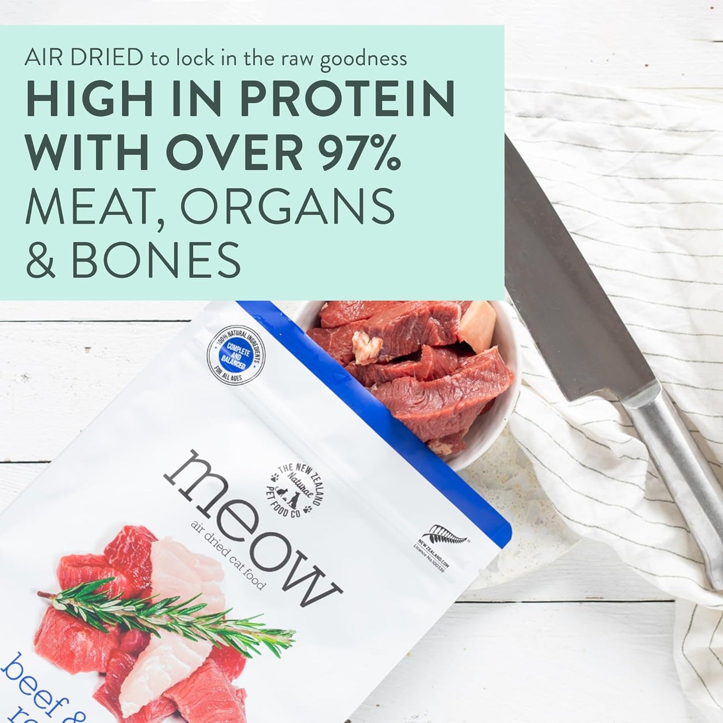 The New Zealand Natural Pet Food Co. Meow Air Dried Cat Food - Beef & Hoki Recipe - Topper, Mixer or as Cat Training Treats, All Life Stages - 26.5 oz