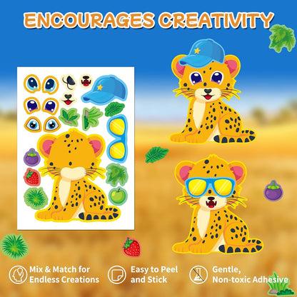 Aowplc 48 Make A Safari Animal Sticker Sheets - Jungle & Zoo Party Favors Supplies - Fun Craft Activities for Kids Ages 3+