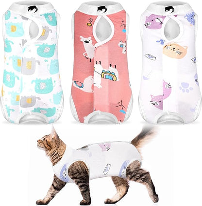 Nuanchu 3 Pieces Cat Recovery Suit Kitten Recovery Suit E-Collar Alternative for Cats and Dogs Abdominal Skin Anti Licking Pajama Clothes Sets(Medium,Cute Style,Colorful)