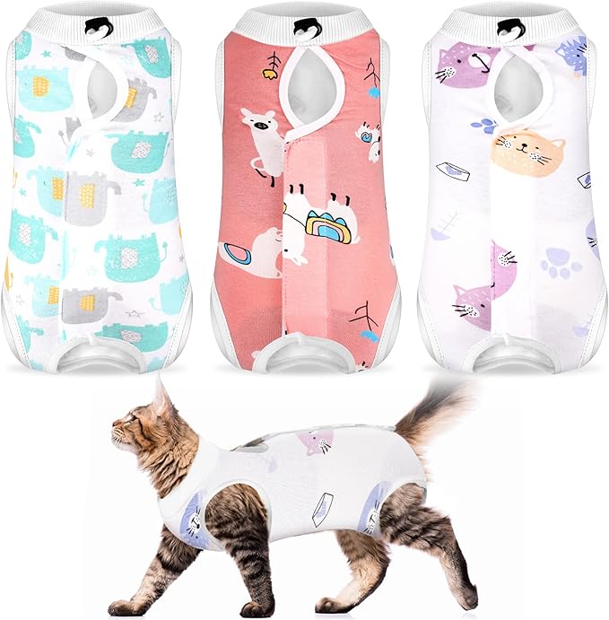 Nuanchu 3 Pieces Cat Recovery Suit Kitten Recovery Suit E-Collar Alternative for Cats and Dogs Abdominal Skin Anti Licking Pajama Clothes Sets(Small,Cute Style,Colorful)