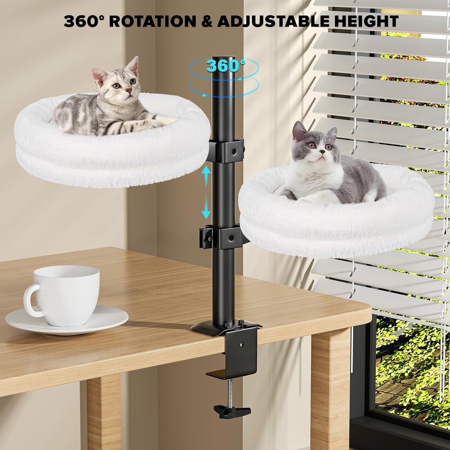 Cat Desk Bed, Supports Up to 50 lbs, Comfortable Soft Perch, Nest Bed Attachment Round Cat Hammock for Desk 360° Rotating & Adjustable Height (White)
