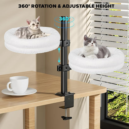 Cat Desk Bed, Supports Up to 50 lbs, Comfortable Soft Perch, Nest Bed Attachment Round Cat Hammock for Desk 360° Rotating & Adjustable Height (White)