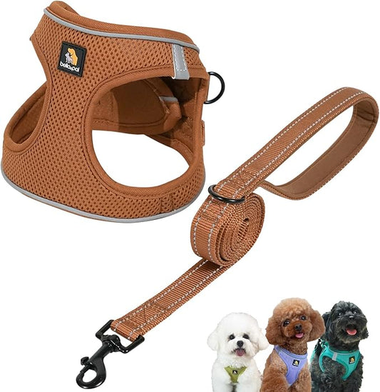 BELLA & PAL Step in Vest Harness for Small and Medium Dogs, No Pull Small Dog Harness with Leash Set, Comfortable Air Mesh Dog Vest Harness with Reflective Strip (Mokka, S)
