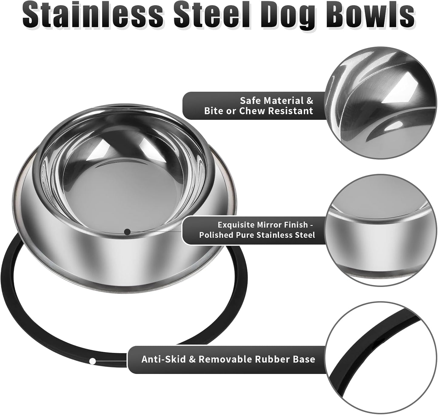 3Pcs Stainless Steel Dog Bowls Set - Non-Slip Food and Water Bowl 20 Oz - Dishwasher-Safe, Rust Resistant Metal Pet Bowls for Small/Medium/Large Sized Pets