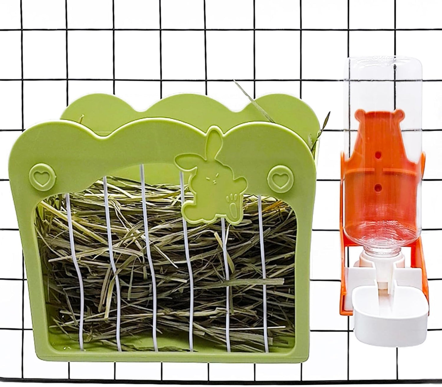 Hamiledyi Rabbit Hay Feeder 500ml Hanging Gravity Water Dispenser Guinea Pig Grass Rack Water Bottle Set for Bunny Ferret Chinchilla(Green&Orange)