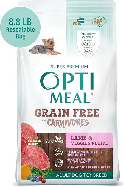 Optimeal Toy Breed Dry Dog Food – Grain Free Small Kibble for Small Dogs, High Protein, Natural Ingredients, Skin & Digestive Support, Premium Nutrition – Lamb & Veggies, 8.8 lbs