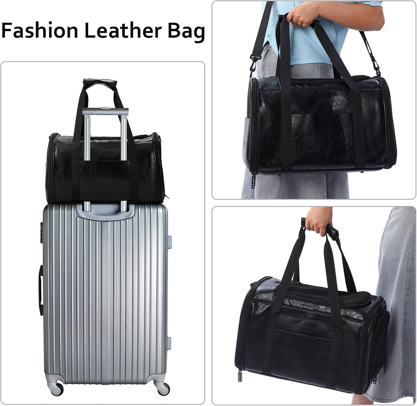 Fashion Leather Dog Carrier Cat Carrier Airline Approved Pet Carrier for Small Medium Dogs Cats Under 15Lbs, Collapsible Soft Sided Travel Puppy Carrier