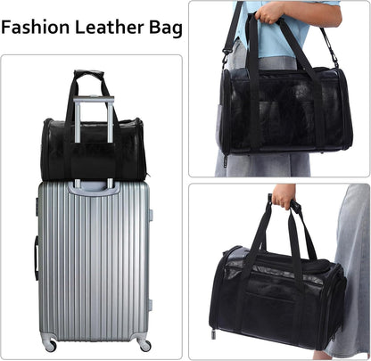 Fashion Leather Dog Carrier Cat Carrier Airline Approved Pet Carrier for Small Medium Dogs Cats Under 15Lbs, Collapsible Soft Sided Travel Puppy Carrier