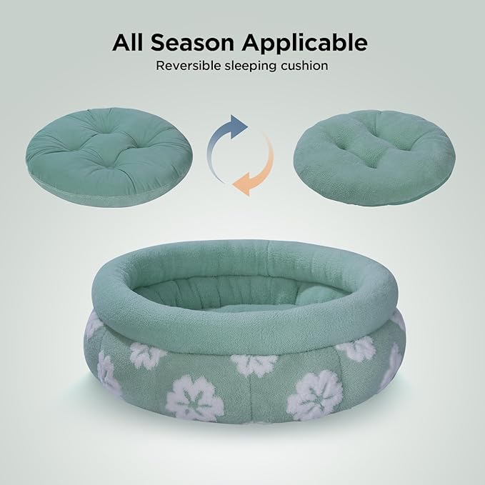 BALANCE Cat Beds for Indoor Cats, Washable Round Cat Bed, Cute 3D Flower Kitten Bed with Anti-Slip Bottom for Puppy and Kitten, 23 Inches, Green