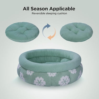 BALANCE Cat Beds for Indoor Cats, Washable Round Cat Bed, Cute 3D Flower Kitten Bed with Anti-Slip Bottom for Puppy and Kitten, 20 Inches, Green