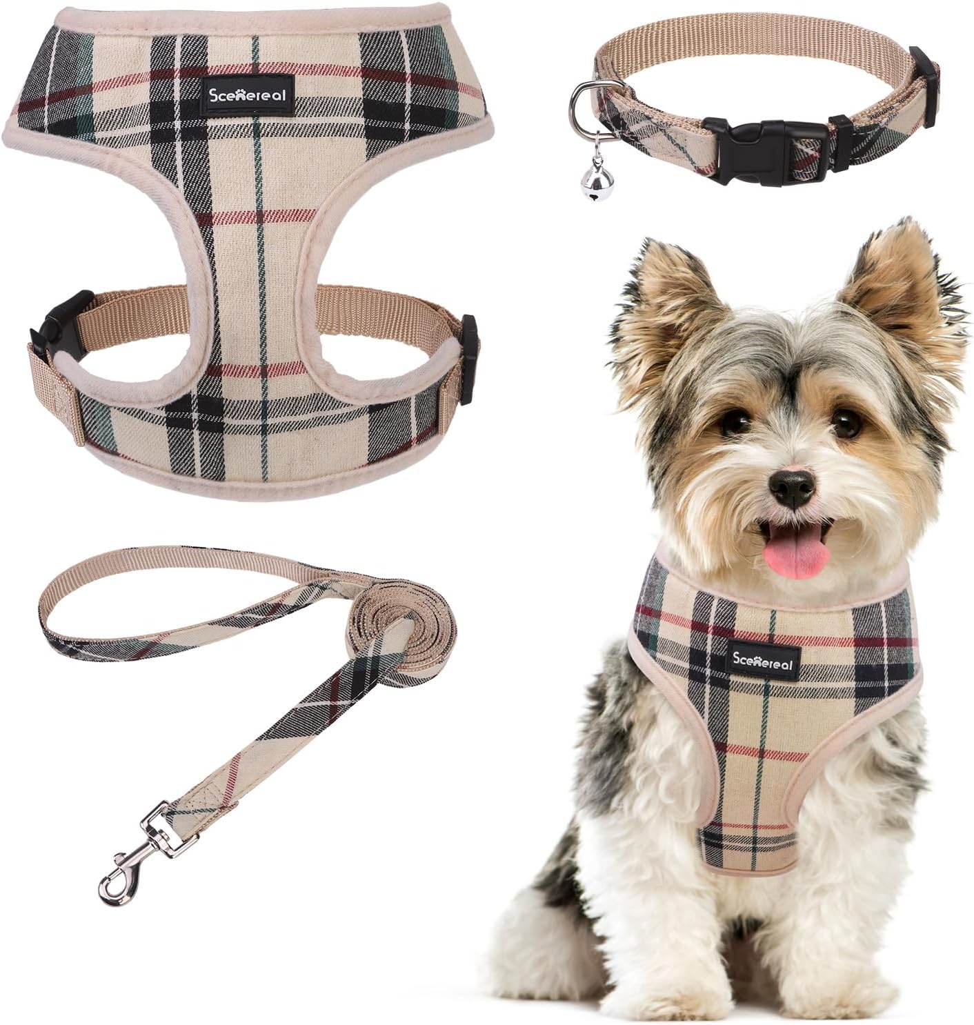 SCENEREAL No Pull Dog Harness Collar and Leash Set for Small Sized Dogs, Soft Mesh Step in Plaid Puppy Harnesses for Fall Winter, Pet Vest for Outdoor Walking Training and Running, Beige XS
