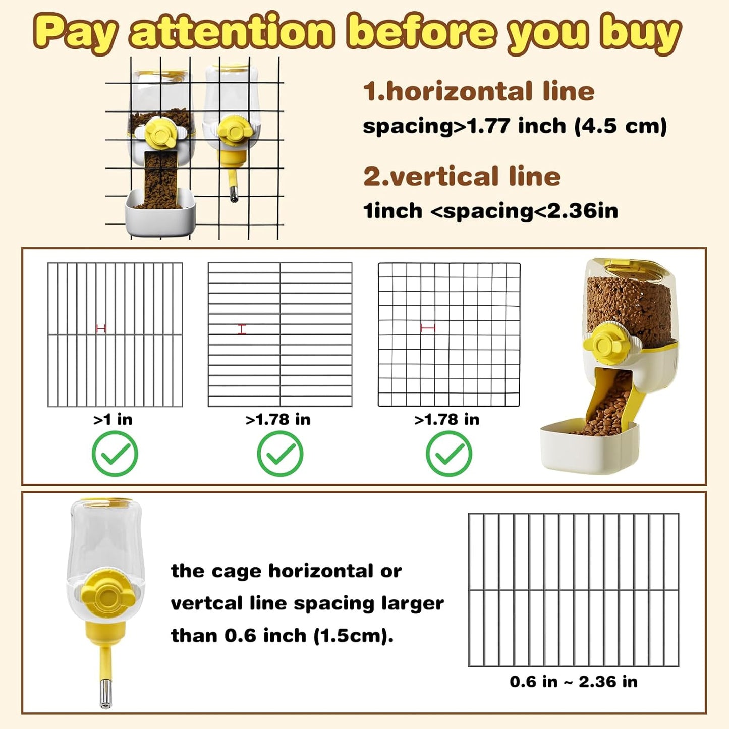 kathson Automatic Rabbit Feeder and Waterer Set, Gravity Pet Food Water Dispenser Bunny Pellet Feeder Small Animal Feeding & Watering Supplies for Guinea Pig Ferret Crate Accessories (Yellow)