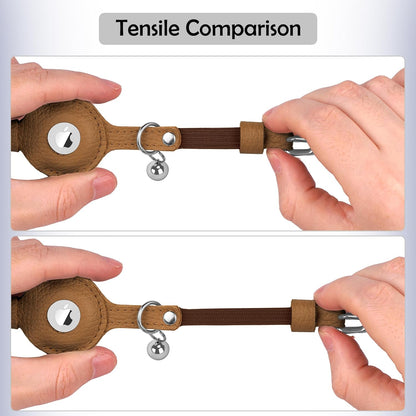 OOPSDOGGY Cat Collar for AirTag Holder, Leather Kitten Collars with Elastic Strap & Bell, Non Breakaway Adjustable Small Pet Collars for Indoor & Outdoor for Boy, Girl (Brown)