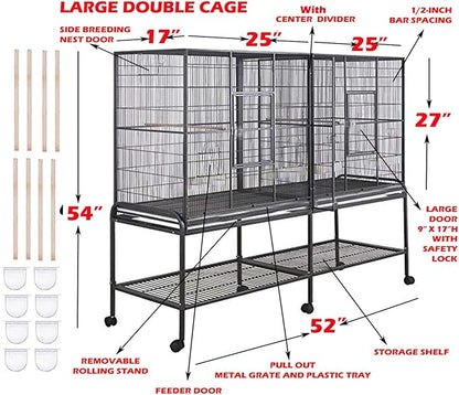54" Large Double Breeding Flight Bird Wrought Iron Double Parrot Bird Cage Slide Out Center Divider Side Nesting Doors Cockatiel Conure Removalbe Rolling Stand