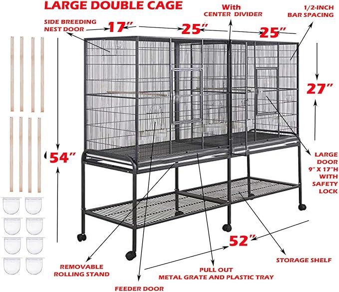 Large Double Breeding Flight Bird Wrought Iron Double Parrot Bird Cage Slide Out Center Divider Side Nesting Box Doors Cockatiel Conure Removalbe Rolling Stand