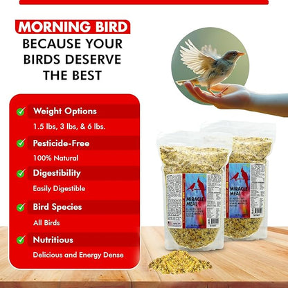 Morning Bird Miracle Meal 3 lbs (2-Pack, 1.5 lbs Each) – Soft Food for Birds with Vitamins & Supplements – Packed with Protein, Minerals & Amino Energy – Promotes Strong Feathers & Overall Wellness
