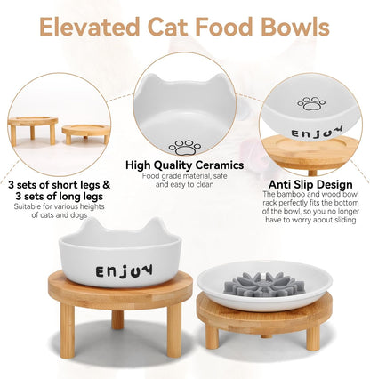 3PCS Elevated Cat Bowls,Wide Raised Ceramic Pet Dishes with Bamboo Stand, Whisker Friendly Pet Water or Food Plates Feeding Station for Indoor Small Dogs, Kitten (White(3PCS))