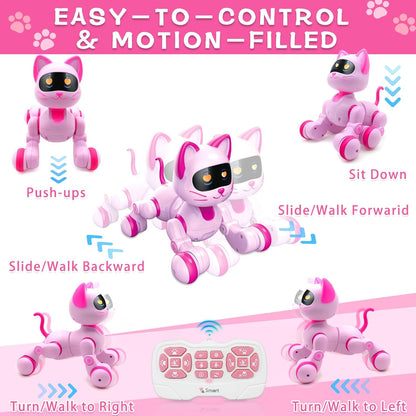 Remote Control Robot Cat, Programmable RC Smart Cat with Touch Sensing, LED Eyes Dance & Music Walking Pets STEM Toys Gifts for Kids Girls Boys