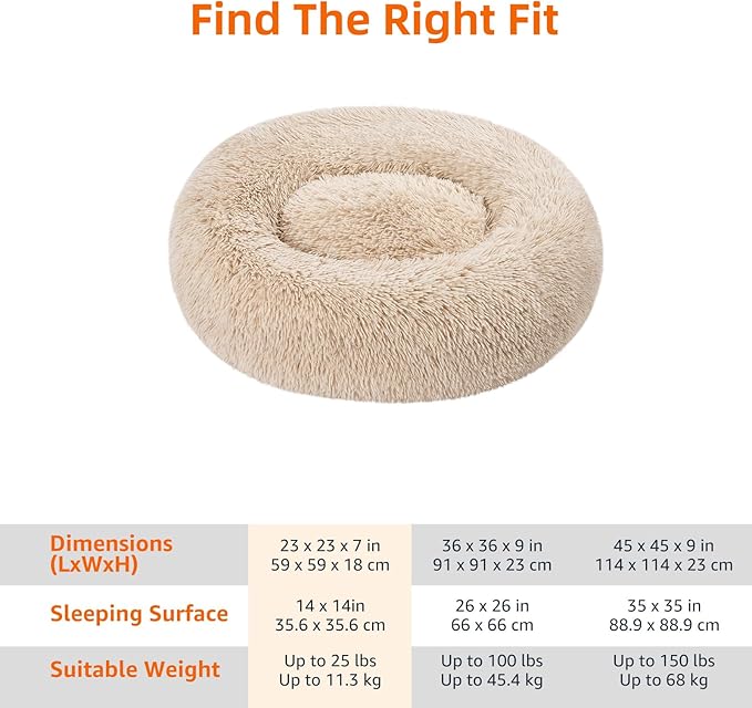 Amazon Basics Donut Pet Bolster Faux Fur Bed for Dog, Beige, 23" x 23"