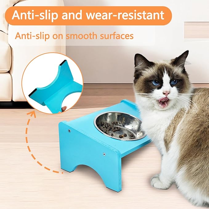 Elevated Cat Bowls,2 Stainless Steel Pet Food Water Feeder,15°Tilted Raised Pet Dish, Slanted Dog Bowl with Wood Stand for Kitty and Puppy,Wide 5.51" (Blue)