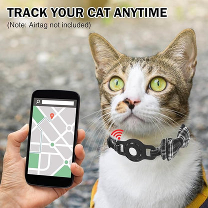 Airtag Cat Collar Breakaway, Cat Collar with Airtag Holder with Bells and Bowtie for Girl Boy Cats, Lightweight Adjustable Kitten Plaid Collars GPS Tracker Holder for Small Dogs Pets, Black