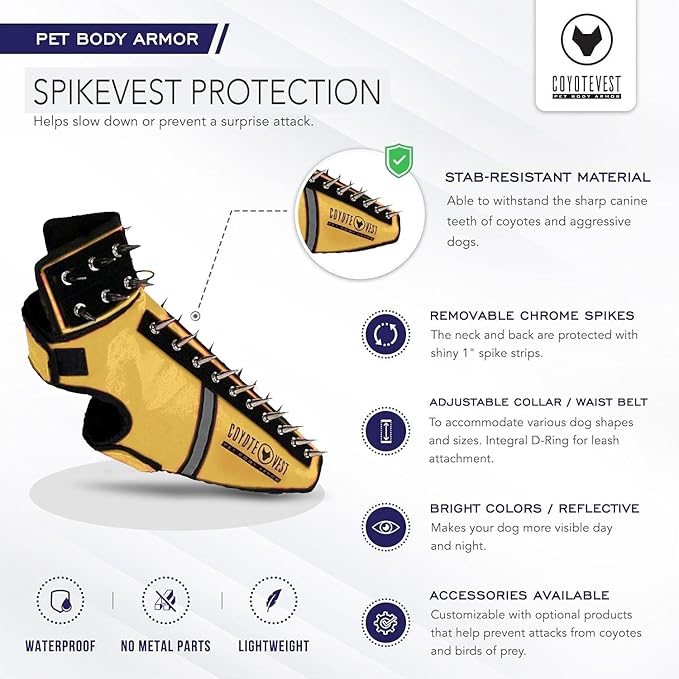 CoyoteVest SpikeVest Dog Harness Vest for Small Dogs, Reflective Dog Vest with Spikes to Shield Your pet from Coyotes, Raptor and Animal Attacks, Anti Hawk Vest, Made in USA (M-Yellow)