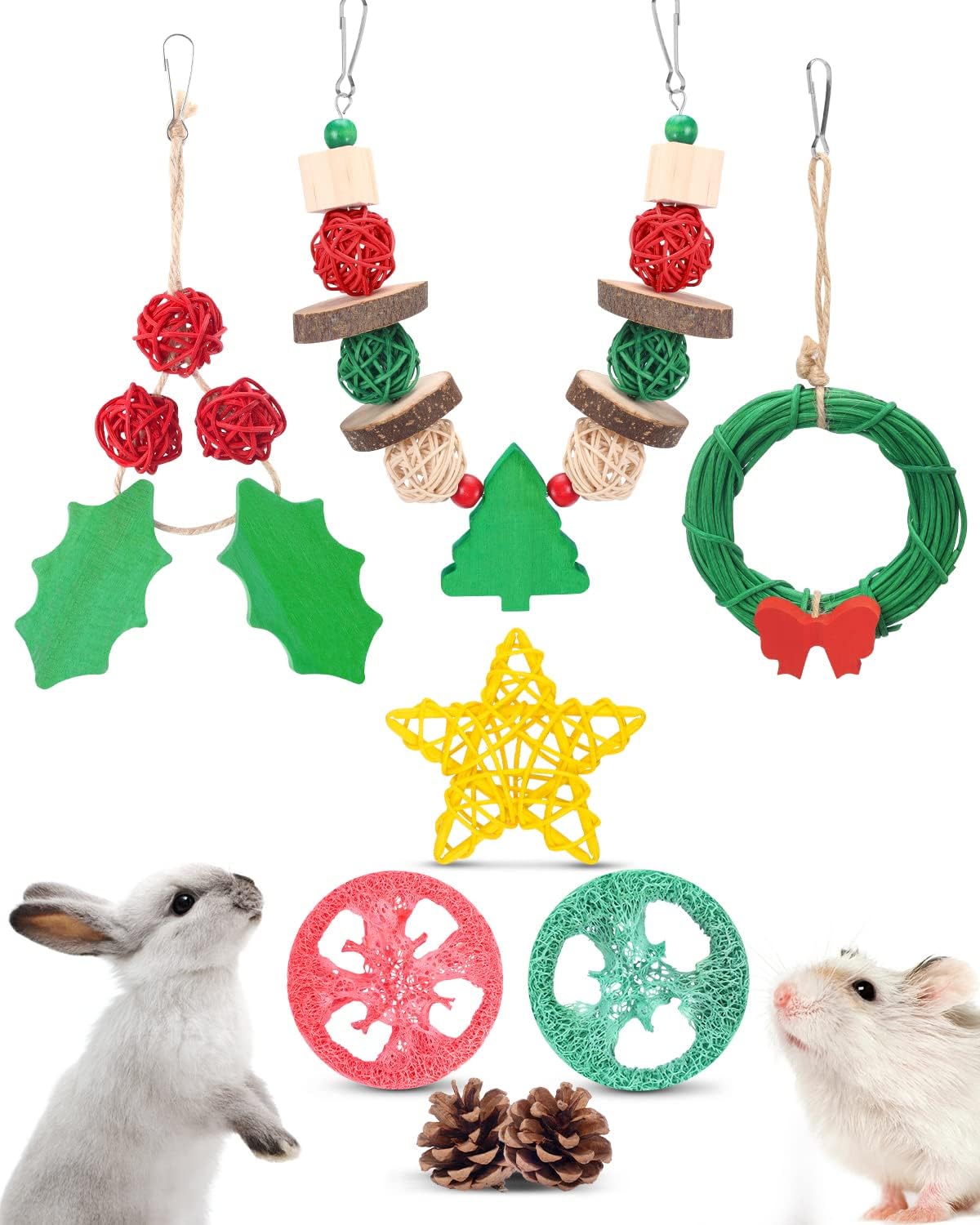 Xylolfsty 8PCS Christmas Guinea Pig Toys Xmas Chinchilla Toys Hamster Bunny Rabbit Treats for Teeth Grinding Christmas Decor for Small Pet Cage Christmas pet Accessories Gifts Idea