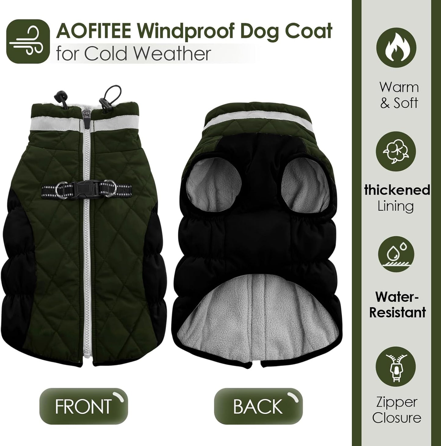 AOFITEE Dog Coat, Warm Dog Winter Coat, Reflective Cold Weather Dogs Puffer Jacket with Harness Built in, Waterproof Pet Fleece Vest Snowsuit for Small Medium Large Dogs, Green L