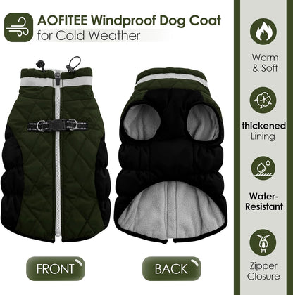 AOFITEE Dog Coat, Warm Dog Winter Coat, Reflective Cold Weather Dogs Puffer Jacket with Harness Built in, Waterproof Pet Fleece Vest Snowsuit for Small Medium Large Dogs, Green L