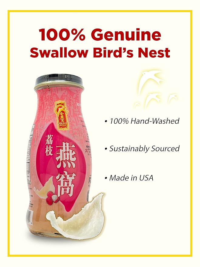Golden Nest Premium Bird Nest Drink, Swallow Bird Nest 100% Natural - Made in USA, (燕窩) 12 bottles x 240 ml (8oz) (Lychee)