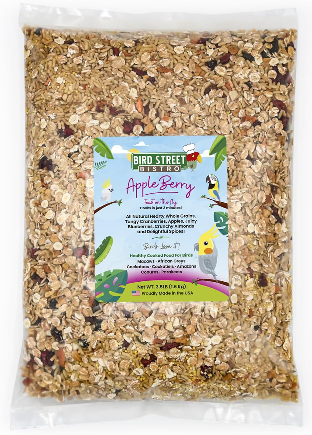 Bird Street Bistro Parrot Food - Parakeet & Cockatiel Food - Cooks in 3-15 min with Natural & Organic Grains, Legumes, Non-GMO Fruits, Vegetables & Health-Oriented Spices