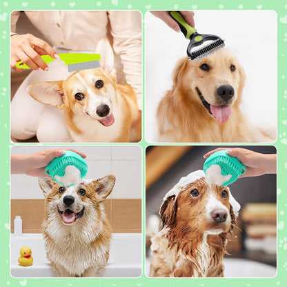 VCZONE 8 Pcs Dog Grooming Kit: Nail Clipper, Flea Comb, Shampoo Brush, Shedding Brush, Dematting Comb, Silicone Toothbrush (Green)