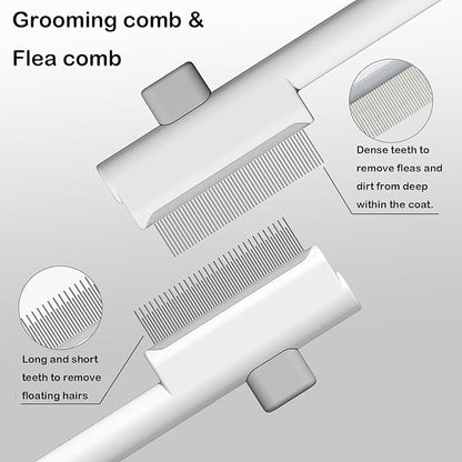 Pet Grooming Combo - Flea Comb(Dense Teeth) and Pet Hair Removal Comb(Long & Short Stainless Steel Teeth) with Release Button for Grooming Massaging and Cleaning Remove Fleas on Cat and Dog