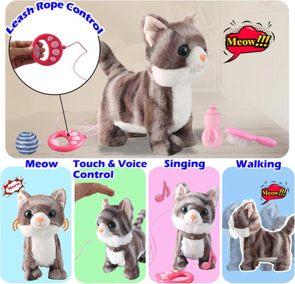 Gray Walking Cat Set Singing That Purrs and Meows Animated Plush Robot Kitten with Leash Moving Plush Stuffed Animal Remote Control Cute Kawai Robotic Kitty Electronic Kitten Toy for Girl Kid