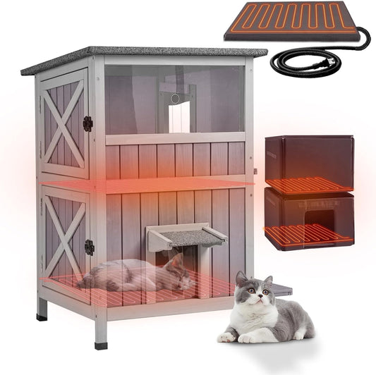 GUTINNEEN 2-Story Heated Cat House Large Outdoor Insulated Cat House Weatherproof Feral Cat Shelter with Heated Pad, Insulated All-Round Thermal Liner for 1-4 Cats (Winter-Ready)