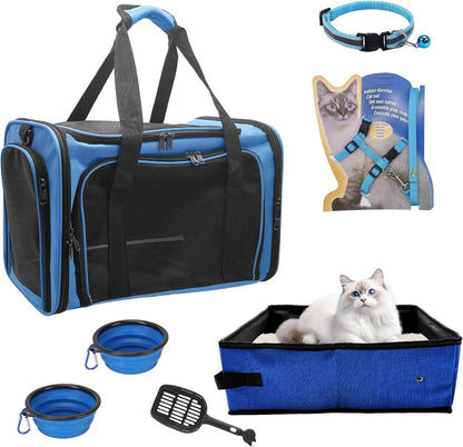 Cat Carrier Soft-Sided & Foldable Travel Litter Box for Cats, Fit for Pet Up to 20Lbs, 17.7' * 11.8 * 11.8 inches Cat Bag for Traveling & Camping, Indoor & Outdoor, Pet Carrier Kit - Blue