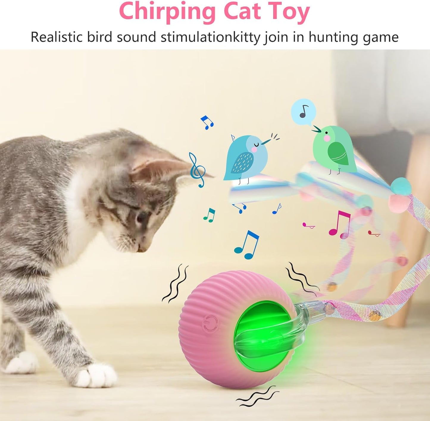 Interactive Cat Toys for Indoor Cats, Interactive Cat Ball Toy with Elastic Mesh Tail, Automatic Cat/Kitten Toys with Chirping & Motion Activate, Cat Toys for Bored Indoor (Pink)