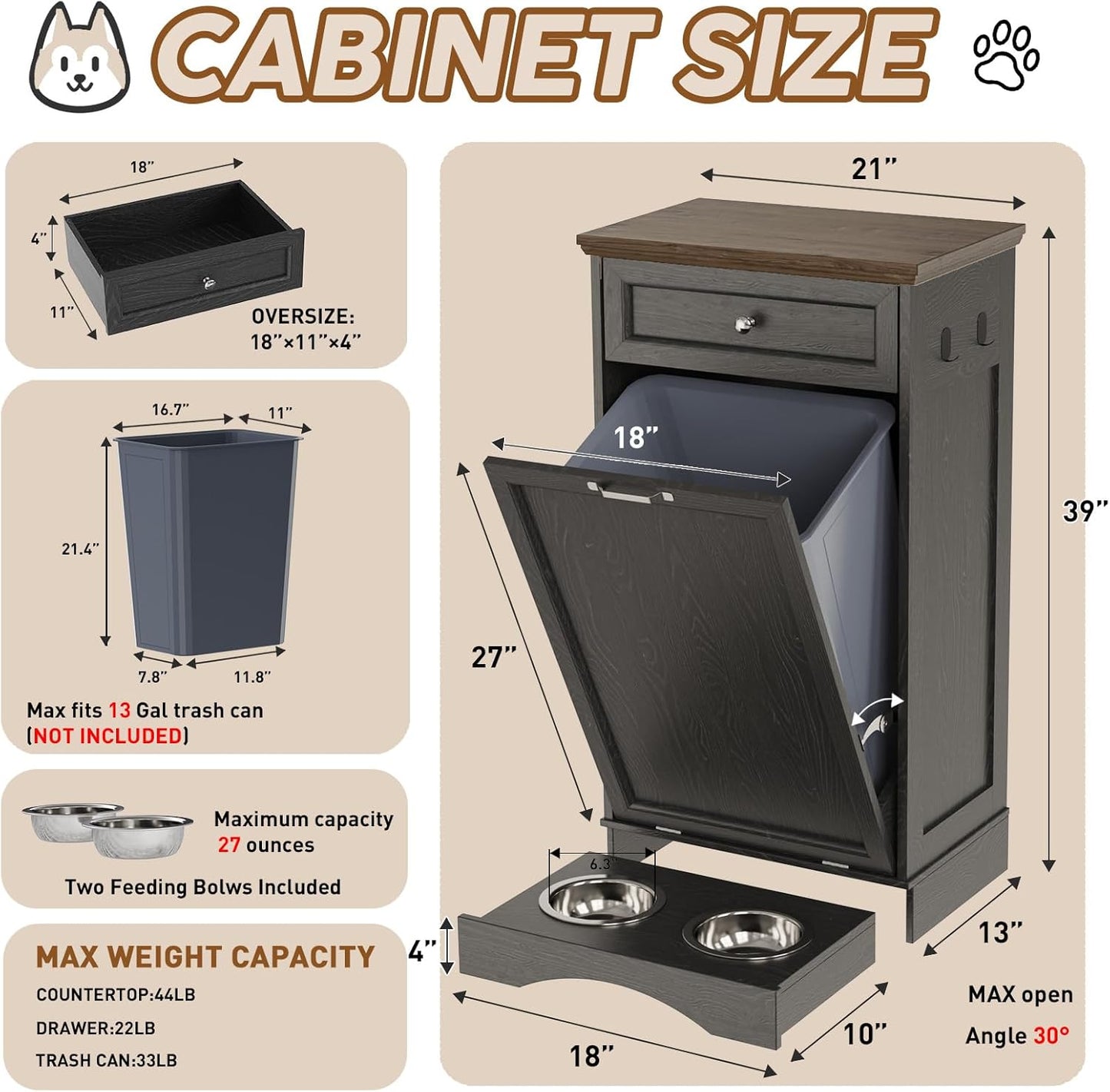 FIMELLO 13 Gallons Dog Feeding Station, Tilt-Out Dog Food Storage Cabinet with Drawer,Pet Feeder Cabinet,Black Oak