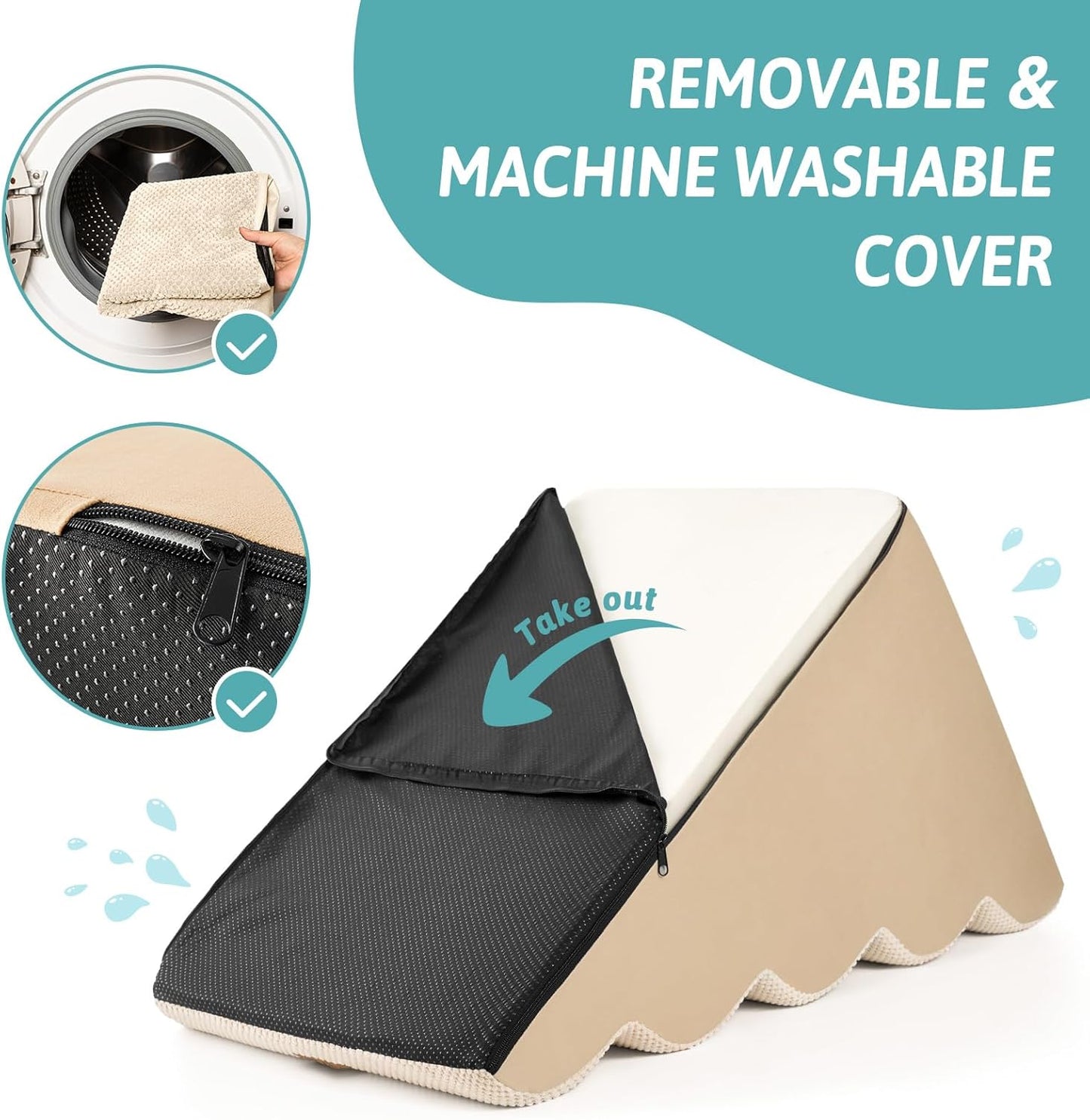 Wide Dog Stairs for Small Dog 22.6" H, Curved Pet Step for Puppy, Older Cat, Curved Ramp for High Bed or Car, Ladder with High Density Foam, Durable, 5 Step, 17.7x33x22.6 inch, Beige