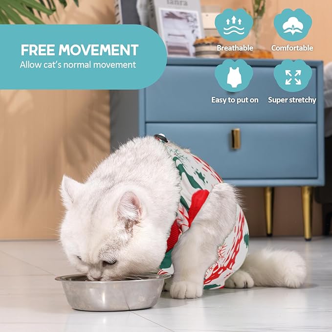 Avont Cat Recovery Suit - Kitten Onesie for Cats After Surgery, Cone of Shame Alternative Surgical Spay Suit for Female Cat, Post-Surgery or Skin Diseases Protection -Christmas(M+)