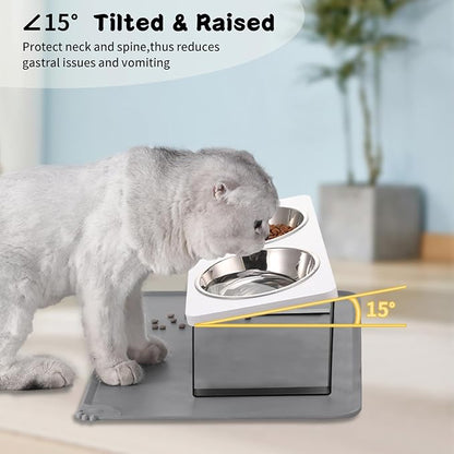Upgraded Elevated Cat Bowls with Food Mat,15°Tilted Stand Anti Vomiting Raised Cat Dishes for Food and Water,2 Stainless Steel Bowls for Cats and Puppy（White）