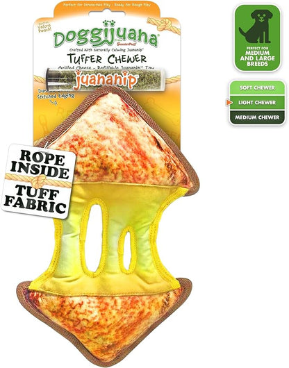 Doggijuana Tuffer Chewer Plush Dog Toy | Funny Dog Toy Plush with Juananip Catnip for Dogs | Calming Aid for Dogs | Interactive Squeaky Chew Toy for Play (Grilled Cheese)