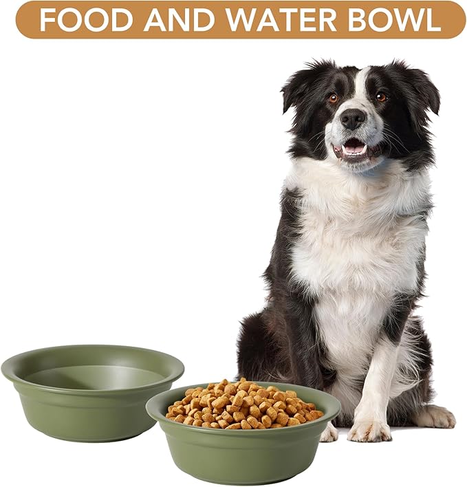 Ceramic 7.1inch Set of 2 Dog Bowls for Medium and Large Dogs, 2pcs Basic Food and Water Dishes for Replacement, Wide Opening Rounded Edge(2 Bowls, Olive Green)