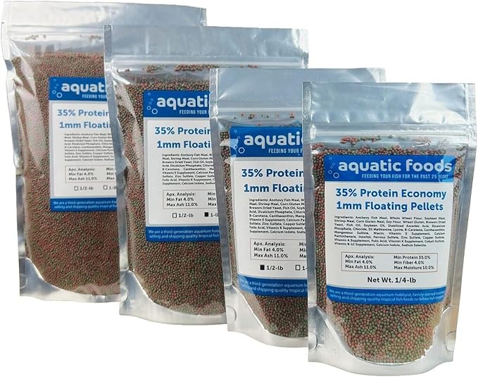 Aquatic Foods Inc. 1mm - 1/32, 35% Protein Economy Floating Pellets for All Community Fish, Tetras, Guppies, Angel Fish, Cichlids, Goldfish. All Tropical Fish - WL…2-lbs Foil Pouch Bag